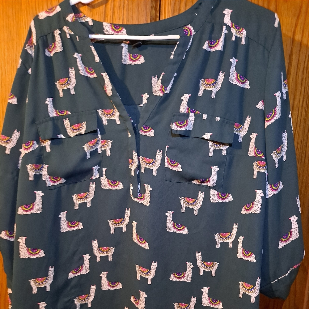 3/4 length sleeve torrid llama blouse.